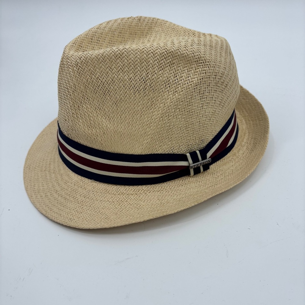 Stetson Mens Tan Straw Fedora Hat XL Striped Ribbon Band‎ Logo STC256 Vacation